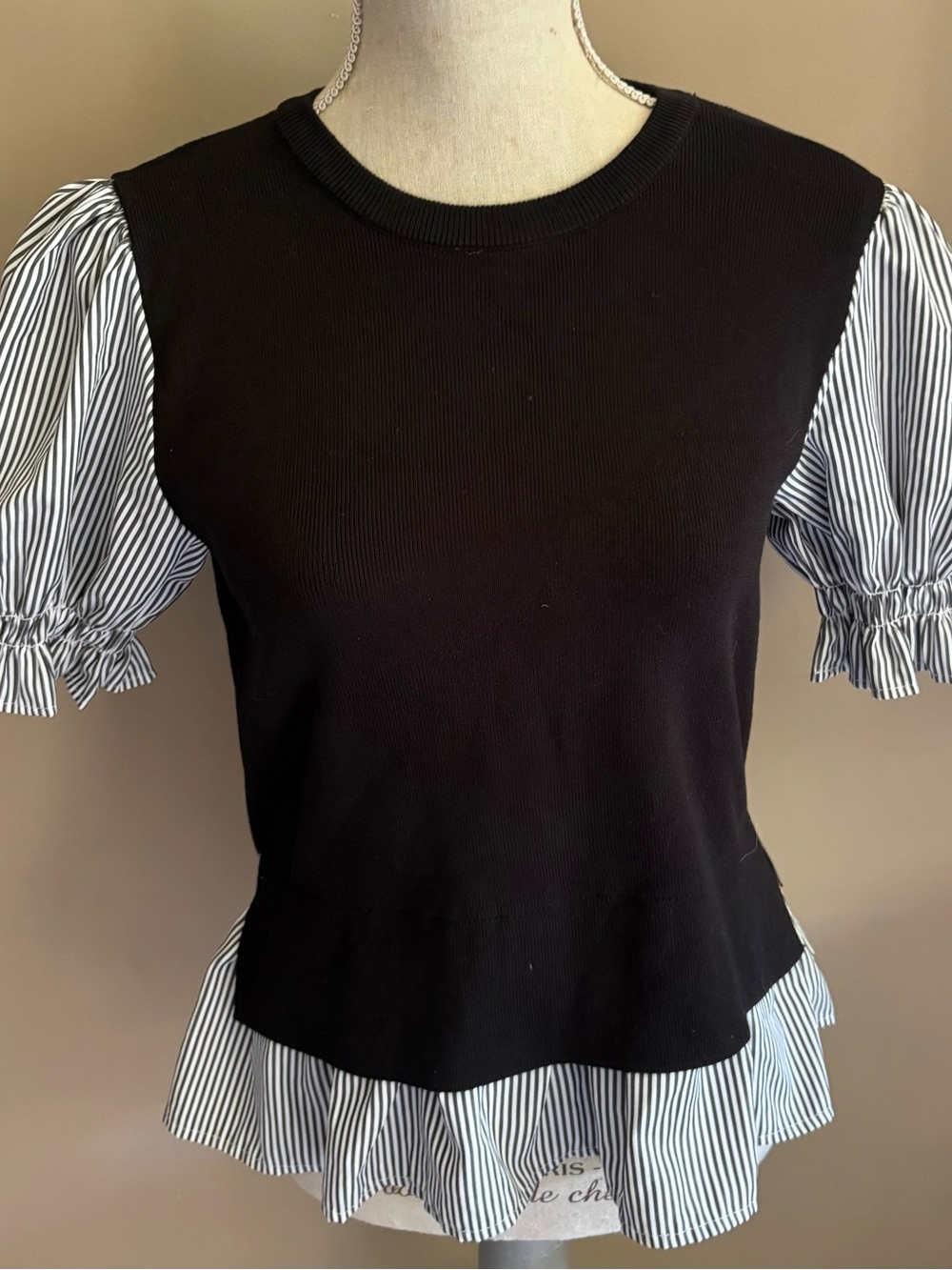 Nanette Lepore Puff Sleeve Twofer Mixed Black Poplin-Knit Stripe Peplum Sweater